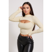 Kadın Ekru Göğüs Dekolteli Uzun Kollu Cut Out Crop Top Bluz – Şık, Rahat Ve Kolay Kombinlenebilir
