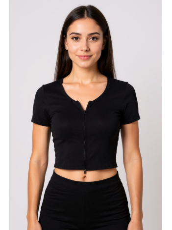 Kadın Siyah Çift Fermuarlı Yarım Kol Crop Top Bluz – Şık, Rahat ve Kolay Kombinlenebilir