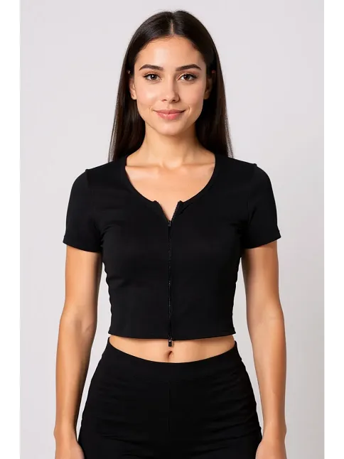 Kadın Siyah Çift Fermuarlı Yarım Kol Crop Top Bluz – Şık, Rahat Ve Kolay Kombinlenebilir