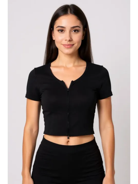 Kadın Siyah Çift Fermuarlı Yarım Kol Crop Top Bluz – Şık, Rahat Ve Kolay Kombinlenebilir Kadın Siyah Çift Fermuarlı Yarım Kol Crop Top Bluz – Şık, Rahat Ve Kolay Kombinlenebilir