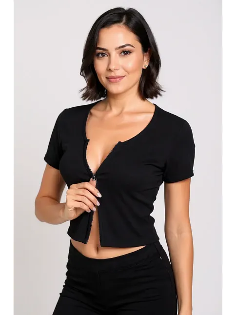 Kadın Siyah Çift Fermuarlı Yarım Kol Crop Top Bluz – Şık, Rahat Ve Kolay Kombinlenebilir