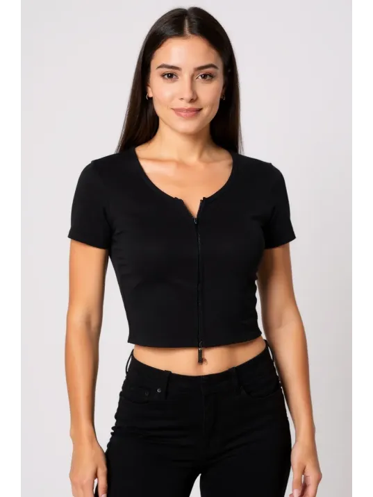 Kadın Siyah Çift Fermuarlı Yarım Kol Crop Top Bluz – Şık, Rahat Ve Kolay Kombinlenebilir
