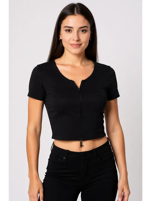 Kadın Siyah Çift Fermuarlı Yarım Kol Crop Top Bluz – Şık, Rahat Ve Kolay Kombinlenebilir