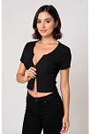 Kadın Siyah Çift Fermuarlı Yarım Kol Crop Top Bluz – Şık, Rahat Ve Kolay Kombinlenebilir