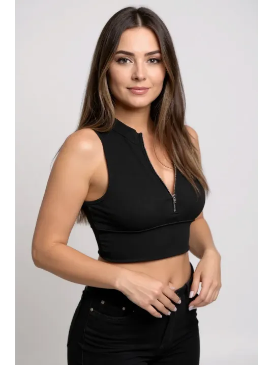 Kadın Siyah Yarım Fermuarlı Sıfır Kol Crop Top Bluz – Şık, Rahat Ve Kolay Kombinlenebilir