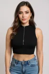 Kadın Siyah Yarım Fermuarlı Sıfır Kol Crop Top Bluz – Şık, Rahat Ve Kolay Kombinlenebilir