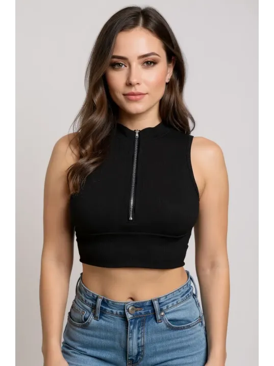 Kadın Siyah Yarım Fermuarlı Sıfır Kol Crop Top Bluz – Şık, Rahat Ve Kolay Kombinlenebilir