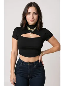 Kadın Siyah Göğüs Dekolteli Yarım Kollu Cut Out Crop Top Bluz – Şık, Rahat Ve Kolay Kombinlenebilir