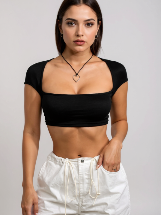 Kadın Siyah Sırt Dekolteli Ve Boyundan Bağlamalı Yarım Kol Crop Top Bluz – Şık, Rahat Ve Kolay Kombinlenebilir