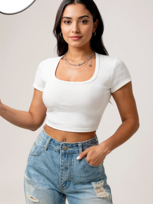 Kadın Beyaz Yarım Kol Düz Yaka Crop Top Bluz – Şık, Rahat ve Kolay Kombinlenebilir