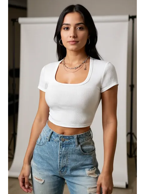 Kadın Beyaz Yarım Kol Düz Yaka Crop Top Bluz – Şık, Rahat Ve Kolay Kombinlenebilir