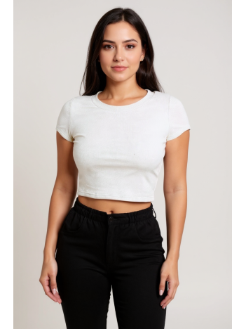 Kadın Beyaz Yuvarlak Yaka Yarım Kol Crop Top Bluz