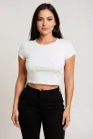 Kadın Beyaz Yuvarlak Yaka Yarım Kol Crop Top Bluz