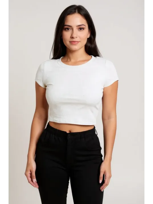 Kadın Beyaz Yuvarlak Yaka Yarım Kol Crop Top Bluz