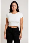 Kadın Beyaz Yuvarlak Yaka Yarım Kol Crop Top Bluz