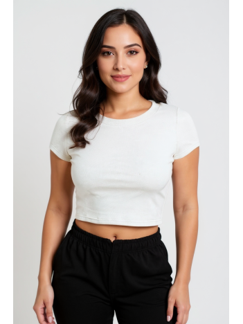 Kadın Beyaz Yuvarlak Yaka Yarım Kol Crop Top Bluz