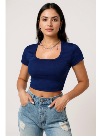 Kadın Lacivert Yarım Kol Düz Yaka Crop Top Bluz – Şık, Rahat Ve Kolay Kombinlenebilir Kadın Lacivert Yarım Kol Düz Yaka Crop Top Bluz – Şık, Rahat Ve Kolay Kombinlenebilir