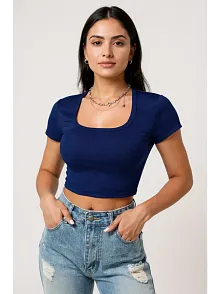 Kadın Lacivert Yarım Kol Düz Yaka Crop Top Bluz – Şık, Rahat Ve Kolay Kombinlenebilir