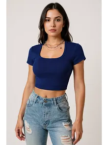 Kadın Lacivert Yarım Kol Düz Yaka Crop Top Bluz – Şık, Rahat Ve Kolay Kombinlenebilir