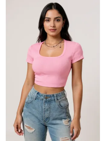 Kadın Pembe Yarım Kol Düz Yaka Crop Top Bluz – Şık, Rahat Ve Kolay Kombinlenebilir