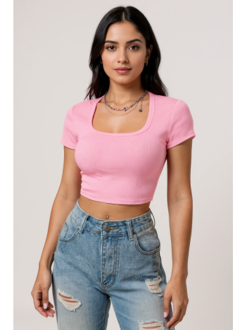 Kadın Pembe Yarım Kol Düz Yaka Crop Top Bluz – Şık, Rahat Ve Kolay Kombinlenebilir Kadın Pembe Yarım Kol Düz Yaka Crop Top Bluz – Şık, Rahat Ve Kolay Kombinlenebilir