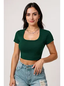 Kadın Yeşil Yarım Kol Düz Yaka Crop Top Bluz – Şık, Rahat Ve Kolay Kombinlenebilir