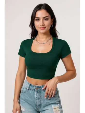Kadın Yeşil Yarım Kol Düz Yaka Crop Top Bluz – Şık, Rahat Ve Kolay Kombinlenebilir