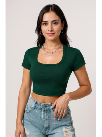 Kadın Yeşil Yarım Kol Düz Yaka Crop Top Bluz – Şık, Rahat Ve Kolay Kombinlenebilir