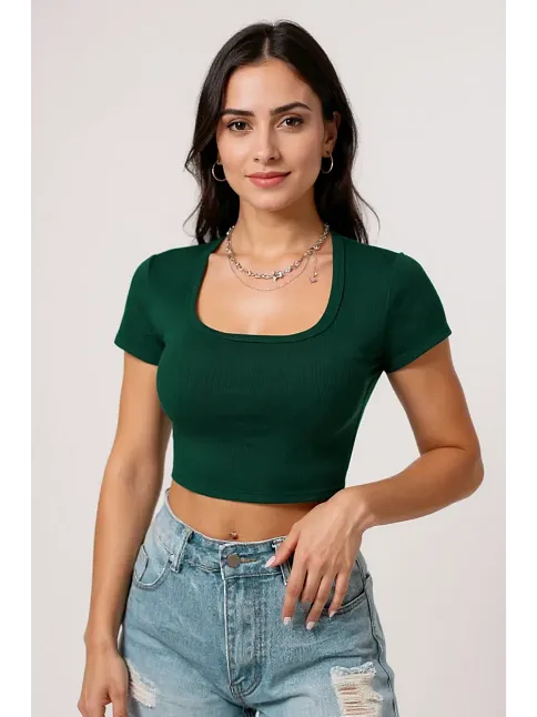 Kadın Yeşil Yarım Kol Düz Yaka Crop Top Bluz – Şık, Rahat Ve Kolay Kombinlenebilir
