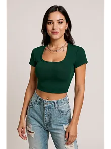 Kadın Yeşil Yarım Kol Düz Yaka Crop Top Bluz – Şık, Rahat Ve Kolay Kombinlenebilir