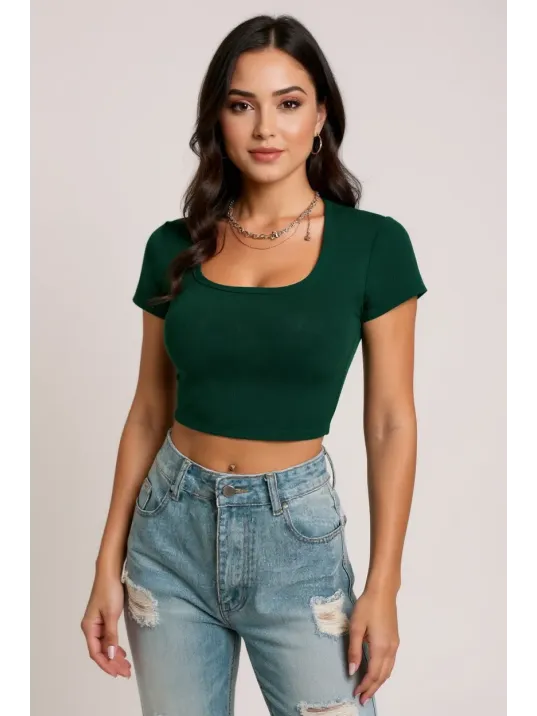 Kadın Yeşil Yarım Kol Düz Yaka Crop Top Bluz – Şık, Rahat Ve Kolay Kombinlenebilir
