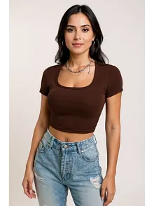 Kadın Kahverengi Yarım Kol Düz Yaka Crop Top Bluz – Şık, Rahat Ve Kolay Kombinlenebilir