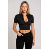 Kadın Siyah Yarım Fermuarlı ve Kısa Kollu Crop Top Bluz