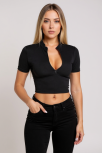 Kadın Siyah Yarım Fermuarlı Ve Kısa Kollu Crop Top Bluz