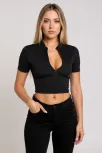 Kadın Siyah Yarım Fermuarlı Ve Kısa Kollu Crop Top Bluz