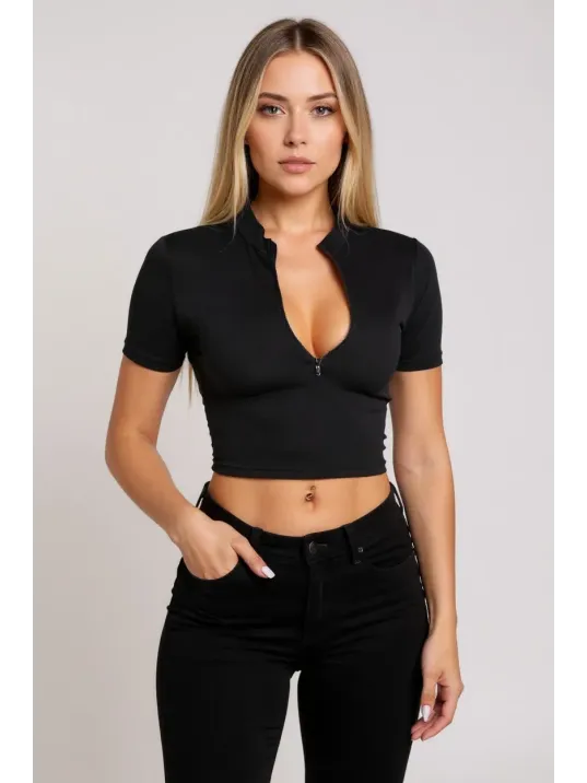 Kadın Siyah Yarım Fermuarlı Ve Kısa Kollu Crop Top Bluz