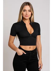 Kadın Siyah Yarım Fermuarlı Ve Kısa Kollu Crop Top Bluz