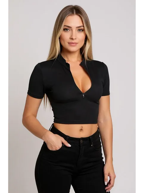 Kadın Siyah Yarım Fermuarlı Ve Kısa Kollu Crop Top Bluz