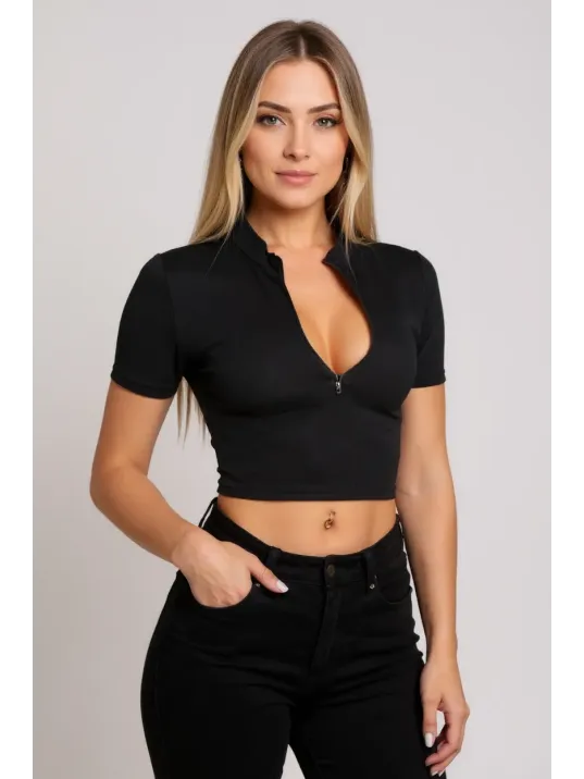 Kadın Siyah Yarım Fermuarlı Ve Kısa Kollu Crop Top Bluz