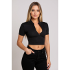 Kadın Siyah Yarım Fermuarlı ve Kısa Kollu Crop Top Bluz