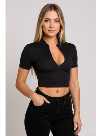 Kadın Siyah Yarım Fermuarlı ve Kısa Kollu Crop Top Bluz Kadın Siyah Yarım Fermuarlı ve Kısa Kollu Crop Top Bluz