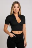 Kadın Siyah Yarım Fermuarlı Ve Kısa Kollu Crop Top Bluz