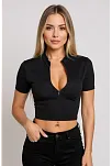 Kadın Siyah Yarım Fermuarlı Ve Kısa Kollu Crop Top Bluz