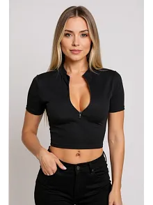 Kadın Siyah Yarım Fermuarlı Ve Kısa Kollu Crop Top Bluz