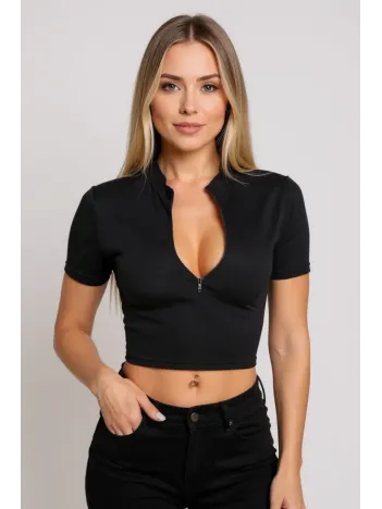 Kadın Siyah Yarım Fermuarlı Ve Kısa Kollu Crop Top Bluz