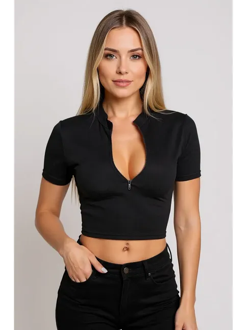 Kadın Siyah Yarım Fermuarlı Ve Kısa Kollu Crop Top Bluz