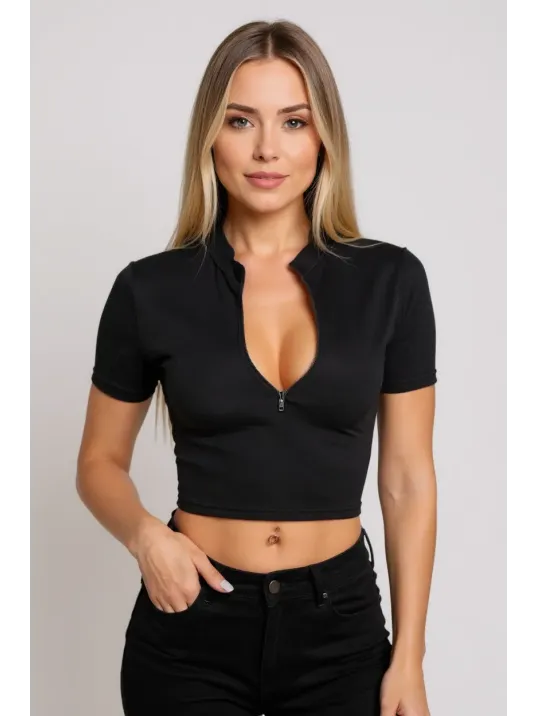 Kadın Siyah Yarım Fermuarlı Ve Kısa Kollu Crop Top Bluz