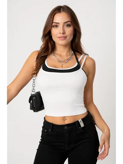 Kadın Siyah Beyaz Çift Renk Çapraz Askılı Crop Top Bluz