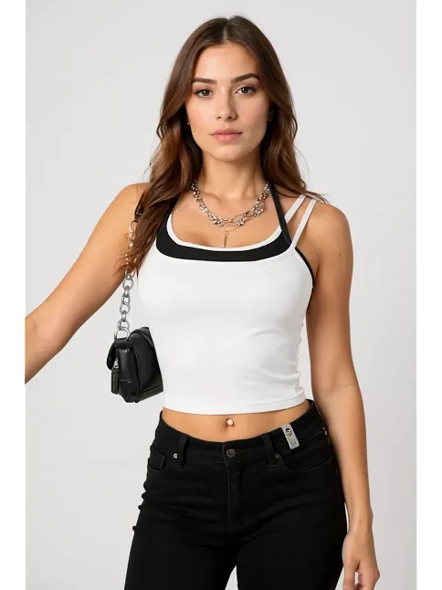 Kadın Siyah Beyaz Çift Renk Çapraz Askılı Crop Top Bluz