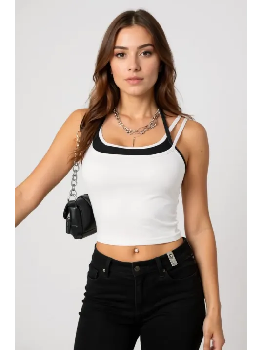 Kadın Siyah Beyaz Çift Renk Çapraz Askılı Crop Top Bluz